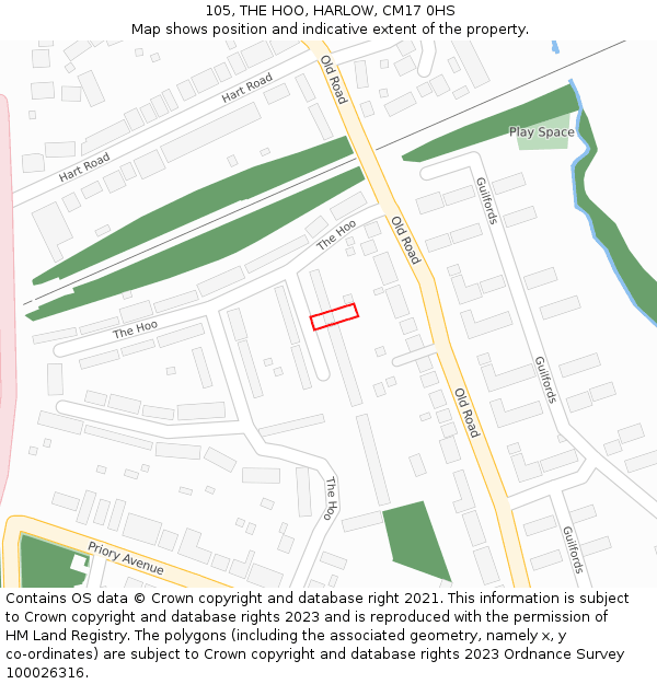 105, THE HOO, HARLOW, CM17 0HS: Location map and indicative extent of plot