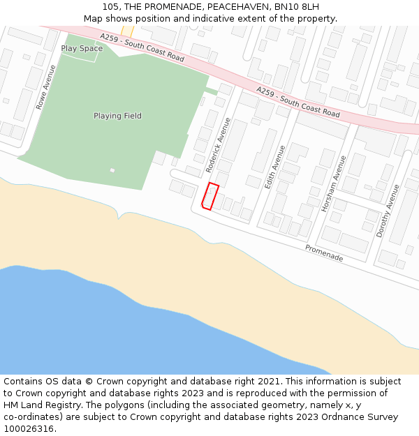 105, THE PROMENADE, PEACEHAVEN, BN10 8LH: Location map and indicative extent of plot