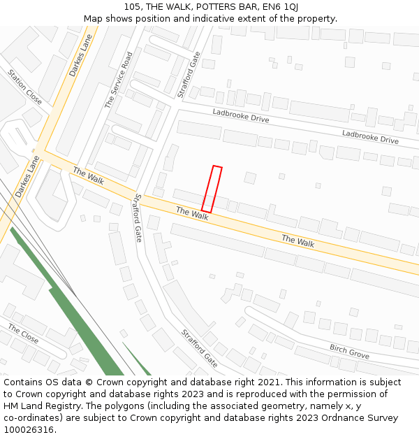 105, THE WALK, POTTERS BAR, EN6 1QJ: Location map and indicative extent of plot