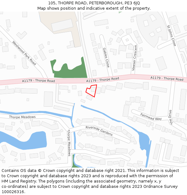 105, THORPE ROAD, PETERBOROUGH, PE3 6JQ: Location map and indicative extent of plot