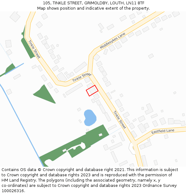 105, TINKLE STREET, GRIMOLDBY, LOUTH, LN11 8TF: Location map and indicative extent of plot