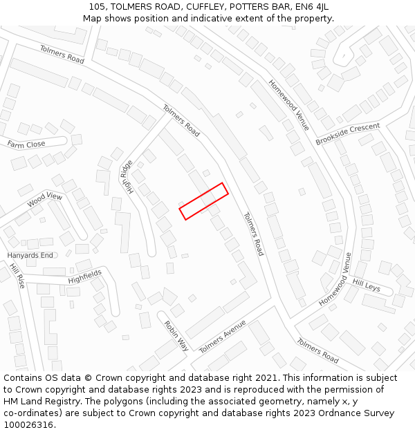 105, TOLMERS ROAD, CUFFLEY, POTTERS BAR, EN6 4JL: Location map and indicative extent of plot