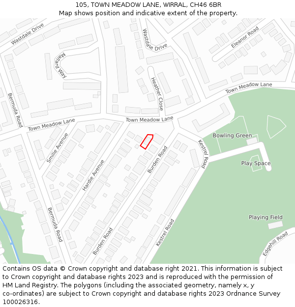 105, TOWN MEADOW LANE, WIRRAL, CH46 6BR: Location map and indicative extent of plot