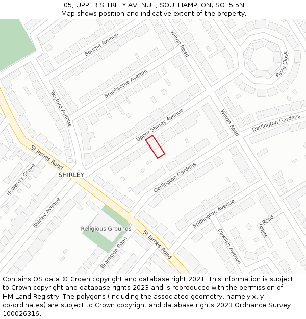 105, UPPER SHIRLEY AVENUE, SOUTHAMPTON, SO15 5NL: Location map and indicative extent of plot