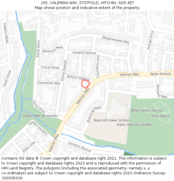 105, VALERIAN WAY, STOTFOLD, HITCHIN, SG5 4ET: Location map and indicative extent of plot