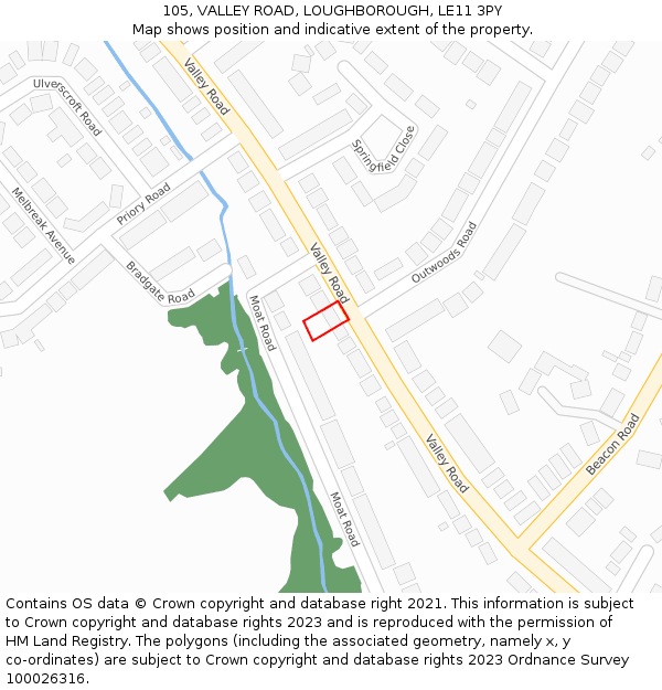 105, VALLEY ROAD, LOUGHBOROUGH, LE11 3PY: Location map and indicative extent of plot