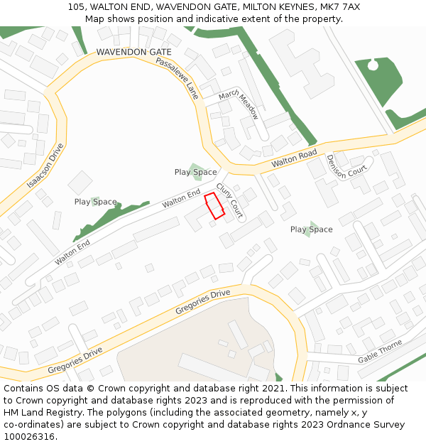 105, WALTON END, WAVENDON GATE, MILTON KEYNES, MK7 7AX: Location map and indicative extent of plot