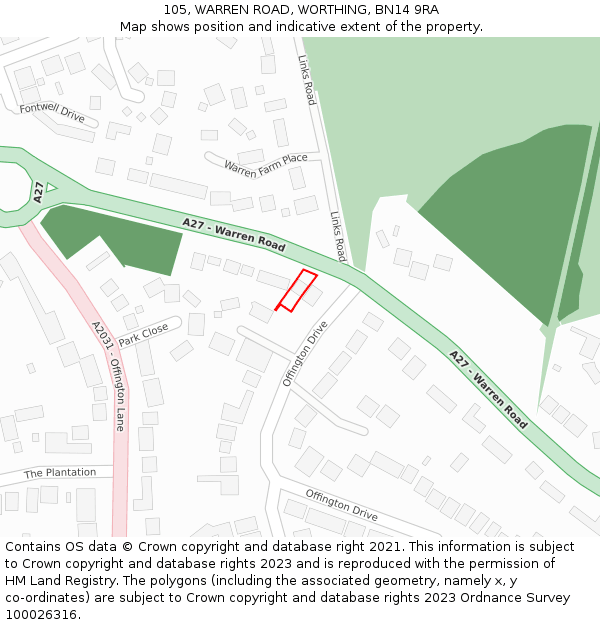 105, WARREN ROAD, WORTHING, BN14 9RA: Location map and indicative extent of plot