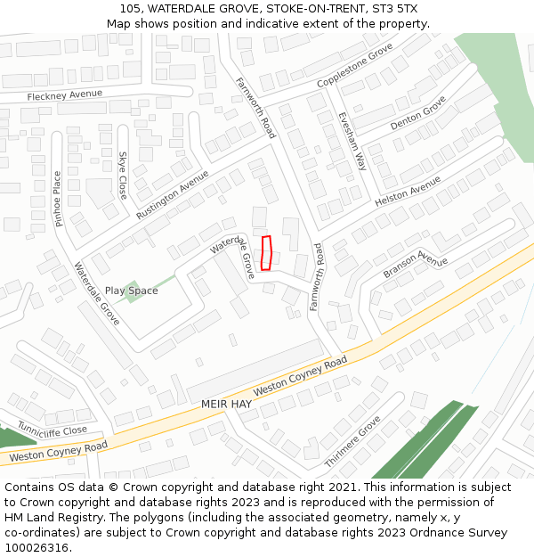 105, WATERDALE GROVE, STOKE-ON-TRENT, ST3 5TX: Location map and indicative extent of plot