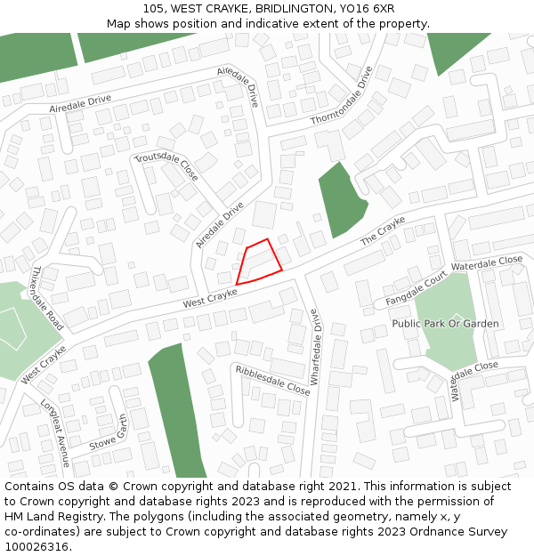 105, WEST CRAYKE, BRIDLINGTON, YO16 6XR: Location map and indicative extent of plot