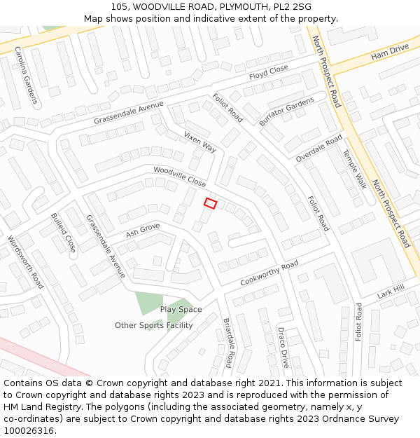 105, WOODVILLE ROAD, PLYMOUTH, PL2 2SG: Location map and indicative extent of plot