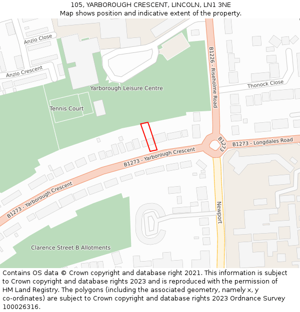 105, YARBOROUGH CRESCENT, LINCOLN, LN1 3NE: Location map and indicative extent of plot