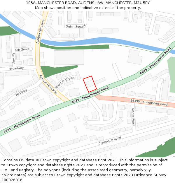 105A, MANCHESTER ROAD, AUDENSHAW, MANCHESTER, M34 5PY: Location map and indicative extent of plot