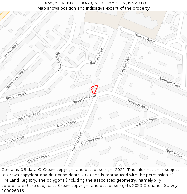 105A, YELVERTOFT ROAD, NORTHAMPTON, NN2 7TQ: Location map and indicative extent of plot