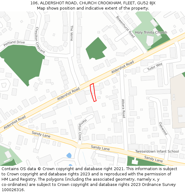 106, ALDERSHOT ROAD, CHURCH CROOKHAM, FLEET, GU52 8JX: Location map and indicative extent of plot