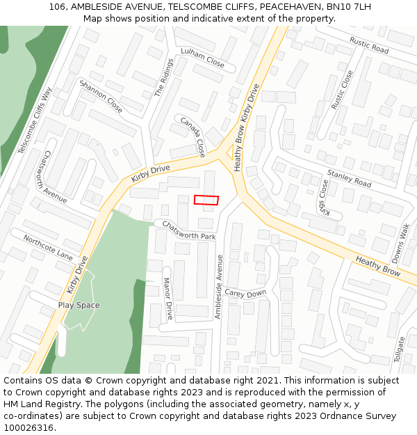 106, AMBLESIDE AVENUE, TELSCOMBE CLIFFS, PEACEHAVEN, BN10 7LH: Location map and indicative extent of plot