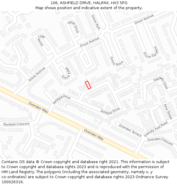 106, ASHFIELD DRIVE, HALIFAX, HX3 5PG: Location map and indicative extent of plot