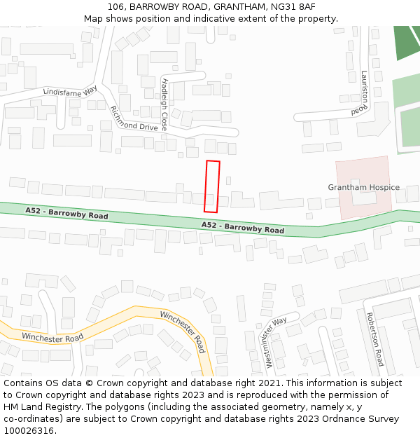 106, BARROWBY ROAD, GRANTHAM, NG31 8AF: Location map and indicative extent of plot