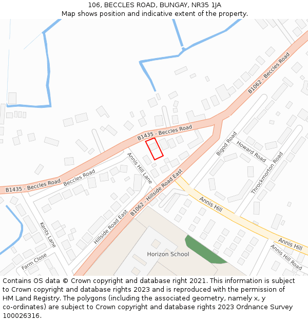 106, BECCLES ROAD, BUNGAY, NR35 1JA: Location map and indicative extent of plot