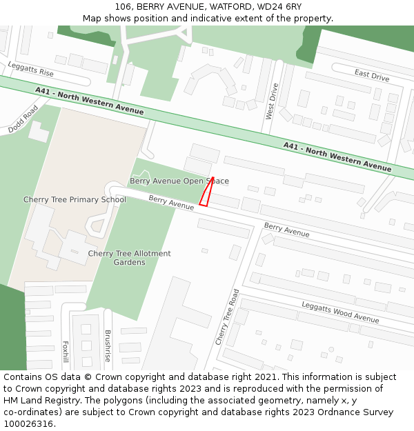 106, BERRY AVENUE, WATFORD, WD24 6RY: Location map and indicative extent of plot