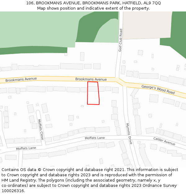 106, BROOKMANS AVENUE, BROOKMANS PARK, HATFIELD, AL9 7QQ: Location map and indicative extent of plot