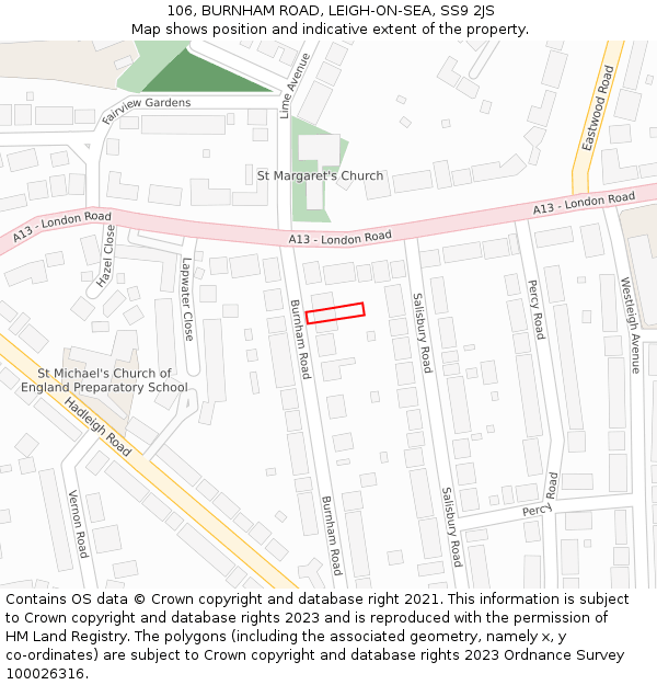 106, BURNHAM ROAD, LEIGH-ON-SEA, SS9 2JS: Location map and indicative extent of plot