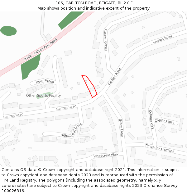 106, CARLTON ROAD, REIGATE, RH2 0JF: Location map and indicative extent of plot