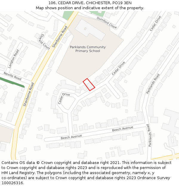 106, CEDAR DRIVE, CHICHESTER, PO19 3EN: Location map and indicative extent of plot