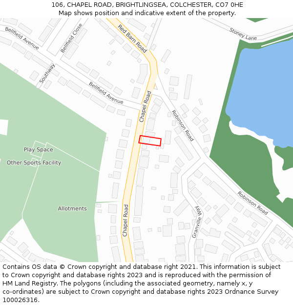 106, CHAPEL ROAD, BRIGHTLINGSEA, COLCHESTER, CO7 0HE: Location map and indicative extent of plot