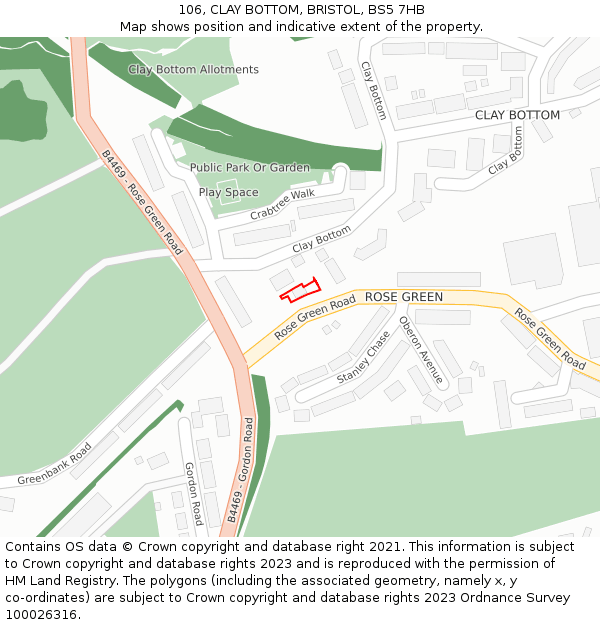 106, CLAY BOTTOM, BRISTOL, BS5 7HB: Location map and indicative extent of plot