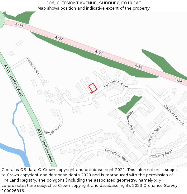 106, CLERMONT AVENUE, SUDBURY, CO10 1AE: Location map and indicative extent of plot