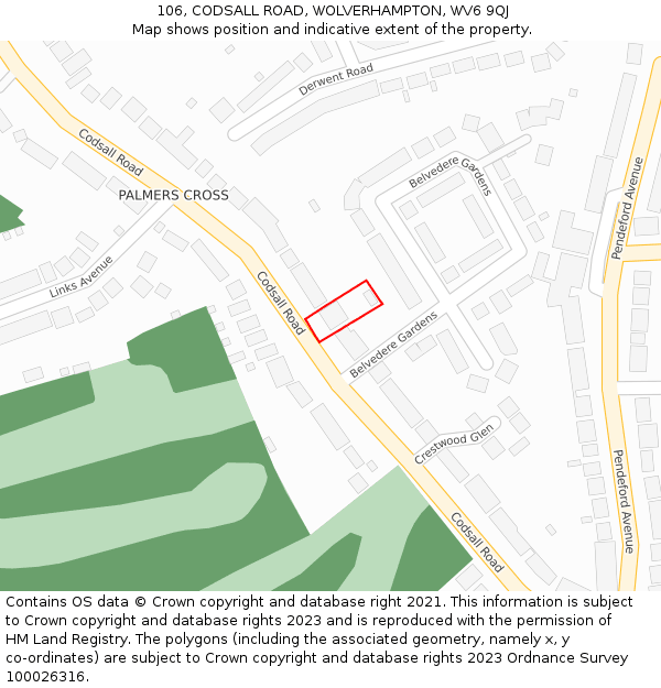 106, CODSALL ROAD, WOLVERHAMPTON, WV6 9QJ: Location map and indicative extent of plot