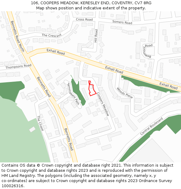 106, COOPERS MEADOW, KERESLEY END, COVENTRY, CV7 8RG: Location map and indicative extent of plot