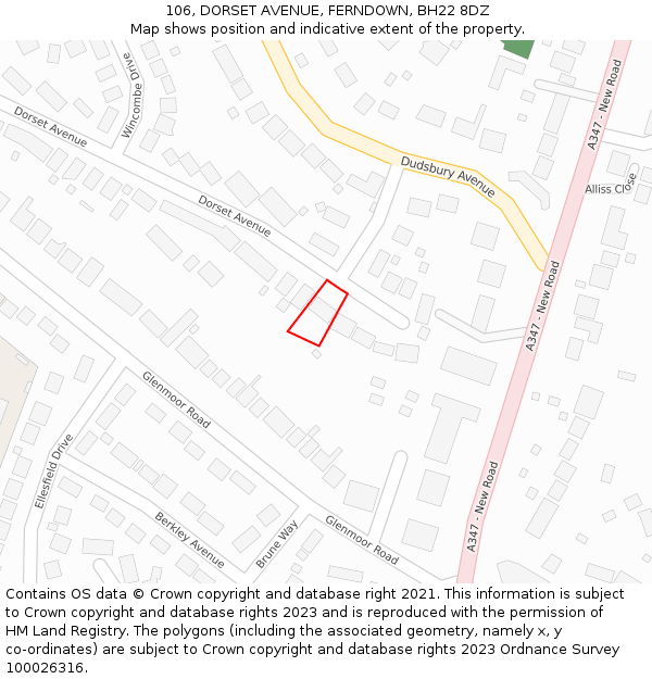 106, DORSET AVENUE, FERNDOWN, BH22 8DZ: Location map and indicative extent of plot