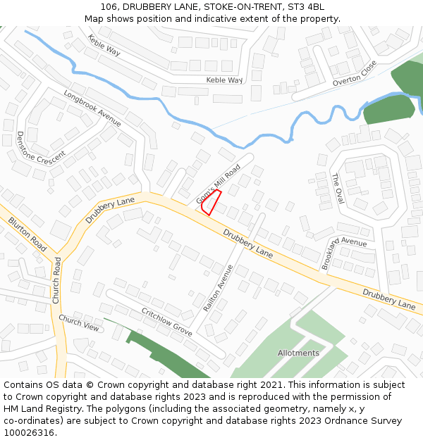 106, DRUBBERY LANE, STOKE-ON-TRENT, ST3 4BL: Location map and indicative extent of plot