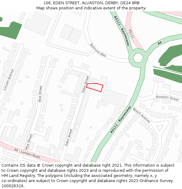 106, EDEN STREET, ALVASTON, DERBY, DE24 8RB: Location map and indicative extent of plot
