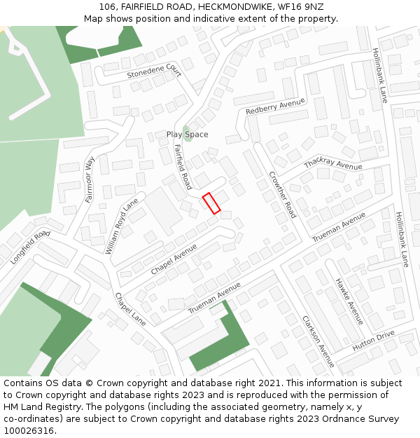 106, FAIRFIELD ROAD, HECKMONDWIKE, WF16 9NZ: Location map and indicative extent of plot