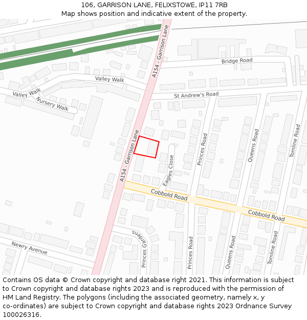 106, GARRISON LANE, FELIXSTOWE, IP11 7RB: Location map and indicative extent of plot