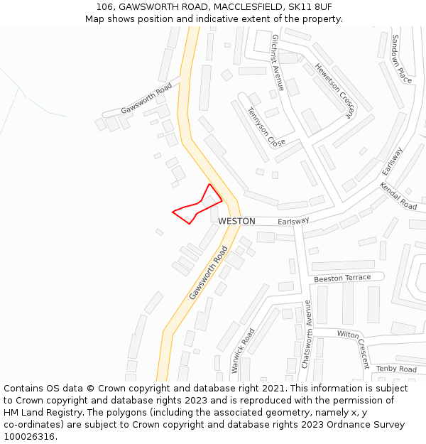 106, GAWSWORTH ROAD, MACCLESFIELD, SK11 8UF: Location map and indicative extent of plot