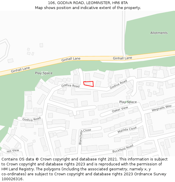 106, GODIVA ROAD, LEOMINSTER, HR6 8TA: Location map and indicative extent of plot