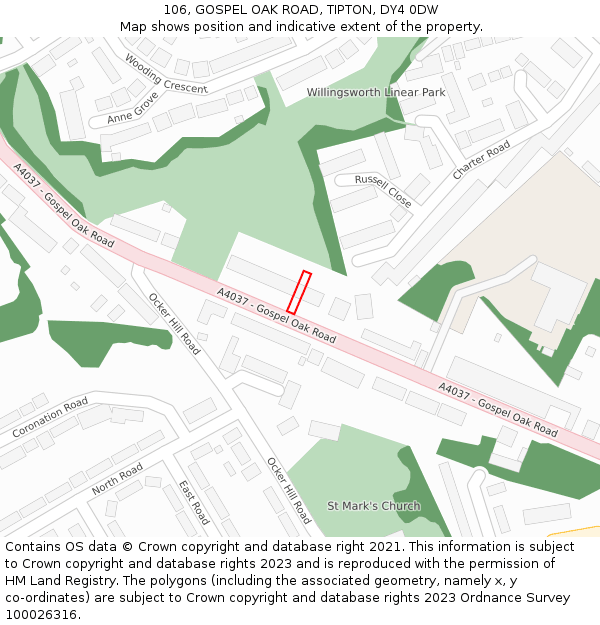 106, GOSPEL OAK ROAD, TIPTON, DY4 0DW: Location map and indicative extent of plot