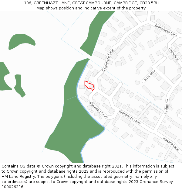 106, GREENHAZE LANE, GREAT CAMBOURNE, CAMBRIDGE, CB23 5BH: Location map and indicative extent of plot