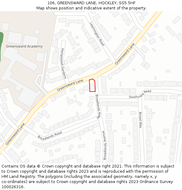 106, GREENSWARD LANE, HOCKLEY, SS5 5HF: Location map and indicative extent of plot