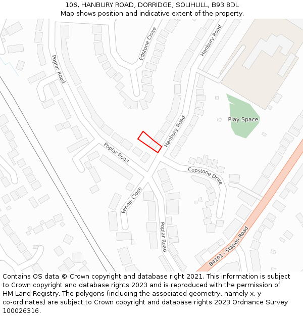 106, HANBURY ROAD, DORRIDGE, SOLIHULL, B93 8DL: Location map and indicative extent of plot