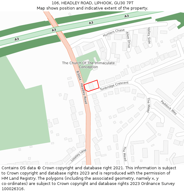 106, HEADLEY ROAD, LIPHOOK, GU30 7PT: Location map and indicative extent of plot