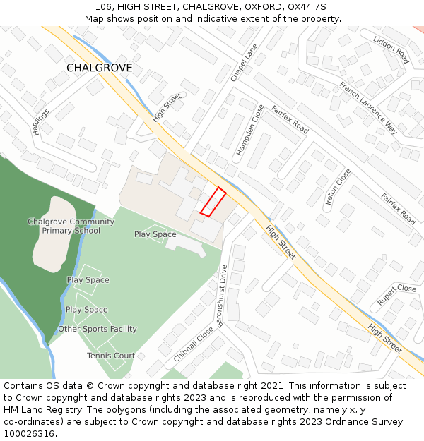106, HIGH STREET, CHALGROVE, OXFORD, OX44 7ST: Location map and indicative extent of plot