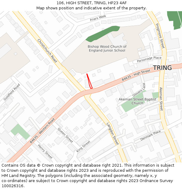 106, HIGH STREET, TRING, HP23 4AF: Location map and indicative extent of plot