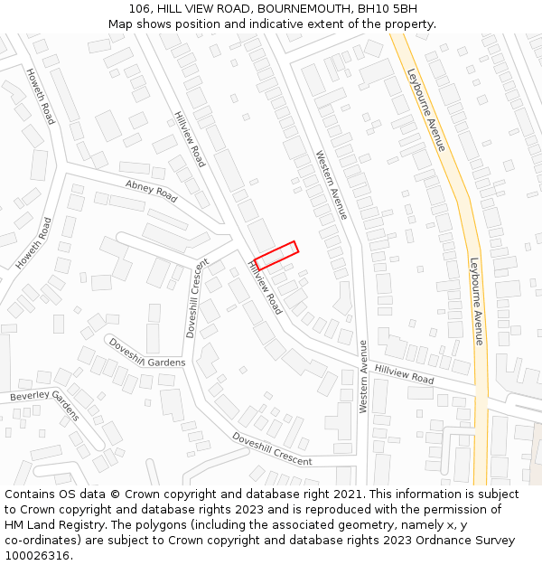 106, HILL VIEW ROAD, BOURNEMOUTH, BH10 5BH: Location map and indicative extent of plot