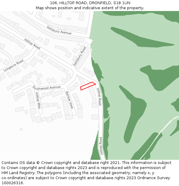 106, HILLTOP ROAD, DRONFIELD, S18 1UN: Location map and indicative extent of plot