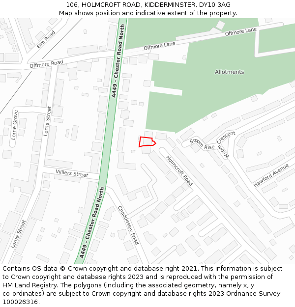 106, HOLMCROFT ROAD, KIDDERMINSTER, DY10 3AG: Location map and indicative extent of plot